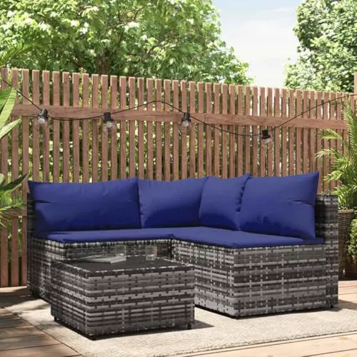KKHOMEI Juego de Salón de Jardín, Sofá de Esquina, Conjunto Jardín de Ratán, Sofa Exterior, Sofá Terraza, Muebles Jardín Exterior, Gris y Azul