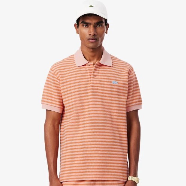 Polo de hombre texturizado de rayas de corte clásico de manga corta Naranja Lacoste

