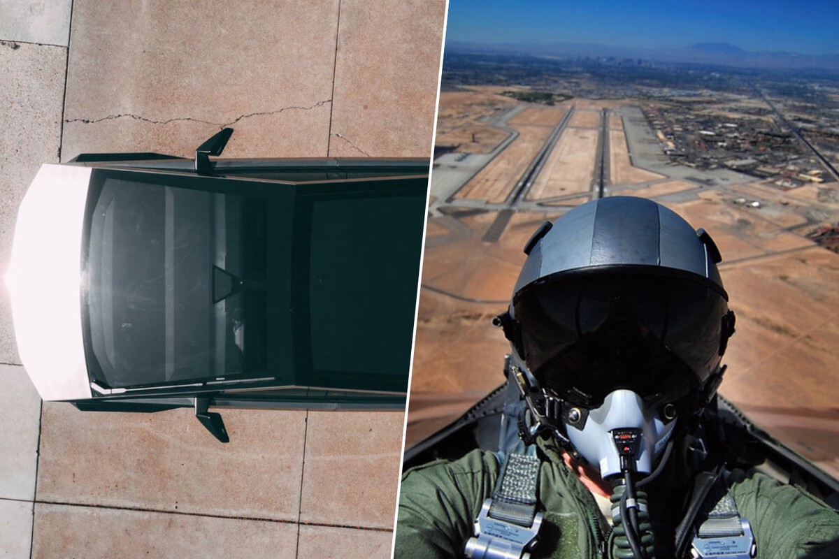 A sleek black Cybertruck parked on cracked concrete next to a fighter jet pilot in cockpit with desert runway in view