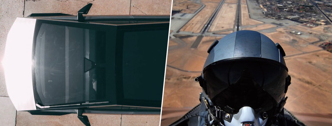 Top-down black and white Cybertruck parked beside a fighter jet pilot in cockpit above desert runway