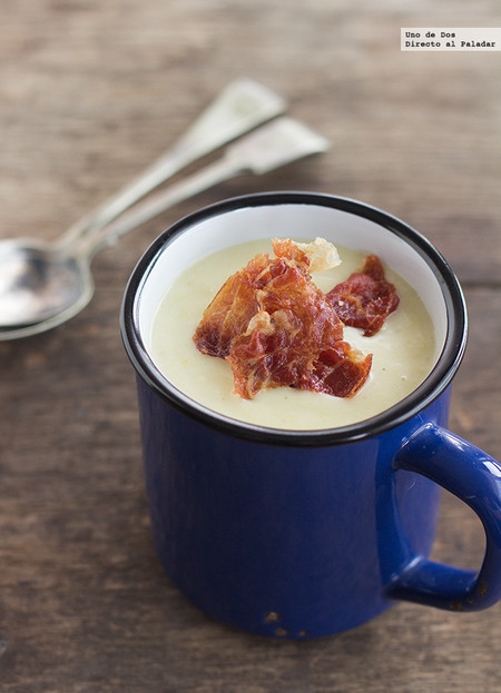 Crema de puerros con crujiente de jamón. Receta