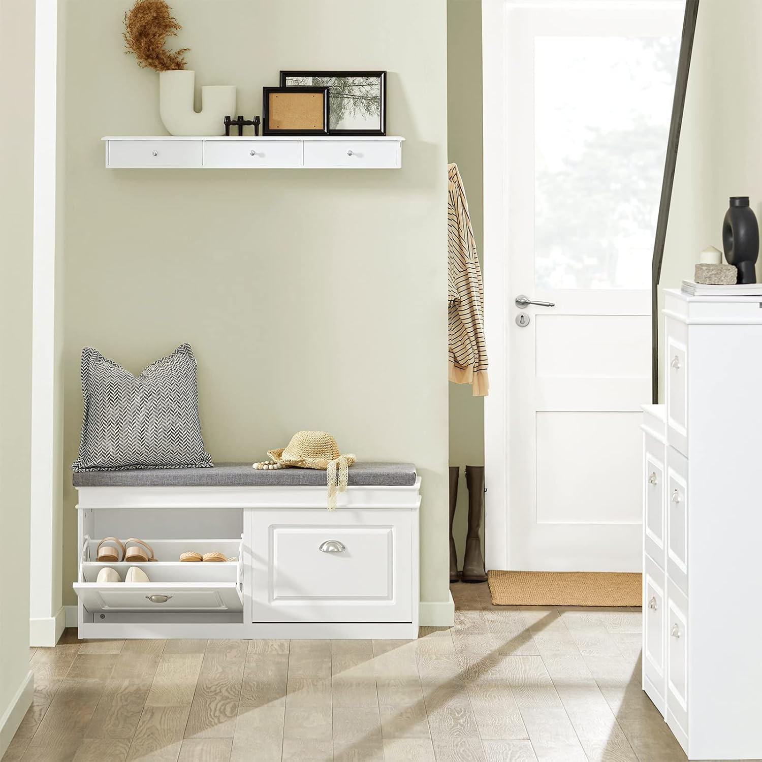SoBuy Banco Zapatero con Asiento y Almacenaje 104x24x52cm Blanco FSR64-W