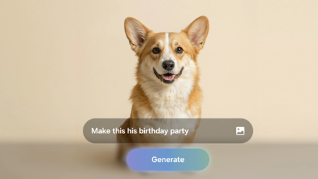 Mascota graciosa utilizando el asistente de AI de Samsung que se anticipa a tus necesidades el día recordándote preparar la fiesta de cumpleaños perfecta.