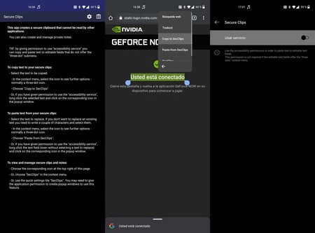 アクティブなアクセシビリティ サービスを使用しない操作 (中央) とこれらのサービスのアクティブ化 (右)