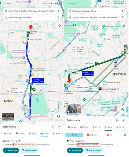 Google Maps muestra el porcentaje de carriles bici en una ruta. Izquierda, madrid; derecha, Barcelona