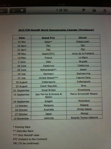 Filtrado por twitter el calendario provisonal para el 2013 de MotoGP