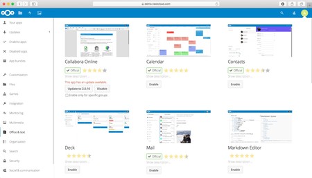 Una muestra de las aplicaciones que podemos añadir a Nextcloud