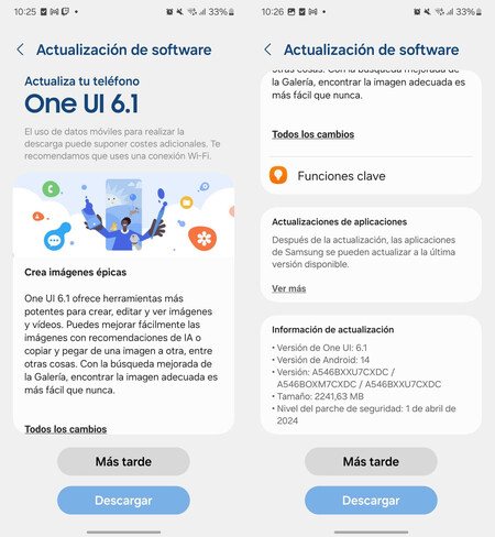 Capturas de pantalla mostrando la actualización a One UI 6.1 en un Galaxy A54