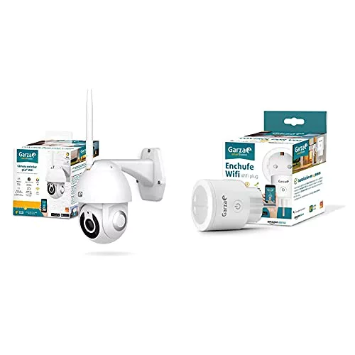 Garza Smarthome Cámara De Vigilancia Exterior Inteligente WiFi 360°, 1080P HD + Smarthome Enchufe WiFi Inteligente 