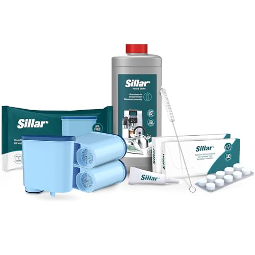 Sillar Kit de Cuidado Para Cafeteras | Accesorios para Baristas - 3x filtro AquaClean, 500ml Descalcificador, 20x Pastillas Descalcificadoras, Cepillo de Limpieza, Lubricante |