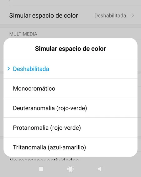 Espacios de color simulados en las opciones de desarrollo de Android