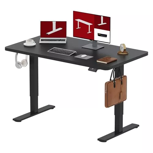 SANODESK 120 x 60 cm Escritorio Elevable Eléctrico con 2 Ganchos, Regulable en Altura, Telescópico Bidireccional, con Control de Memoria y Tecnología Anticolisión (Negro)