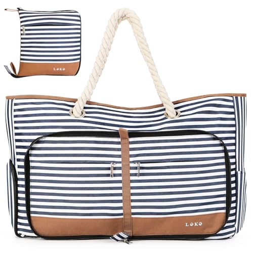 Lekespring Bolsa Playa Grande XXL Familiar con Cremallera Bolsa de Viaje, Impermeable Shopper Bolso de Hombro para Mujer, Bolsa de Mano Plegable para Playa/Viajes/Uso Diario, Azul Rayas