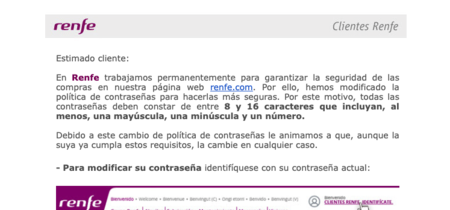 Renfe pide a sus usuarios que cambien de contraseña debido a 