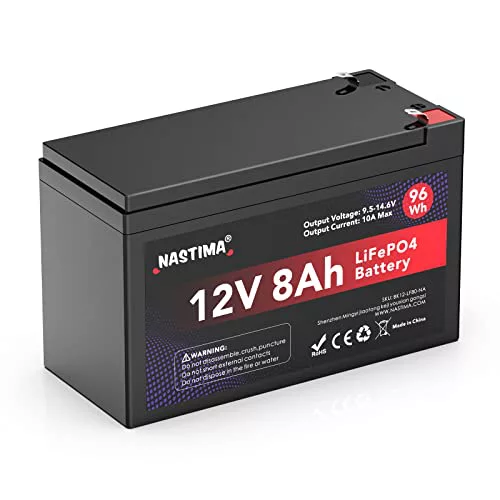 NASTIMA Batería Recargable 12V 8Ah LiFePO4 con Protección BMS y Ciclo Profundo 4000, Adecuada para Kits de Paneles Solares