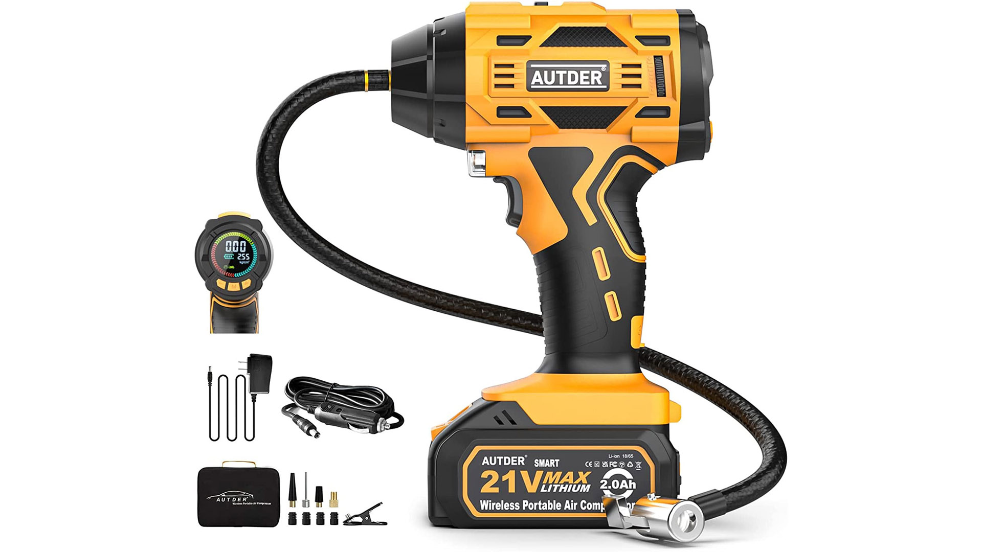 AUTDER Compresor de Aire para inflador de neumáticos de 21 V, portátil, Bomba de neumáticos de Coche inalámbrico de 180 PSI con manómetro Digital