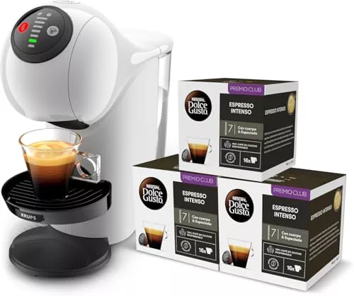 Krups Nescafé Dolce Gusto Genio S, Máquina Compacta de Cápsulas Multibebidas, Alta Presión, Espresso con Crema en 30 Segundos, Parada Automática, Diseño XL, Blanca + 3 Packs de Café Intenso
