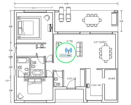 Planta centrada con el router en el centro