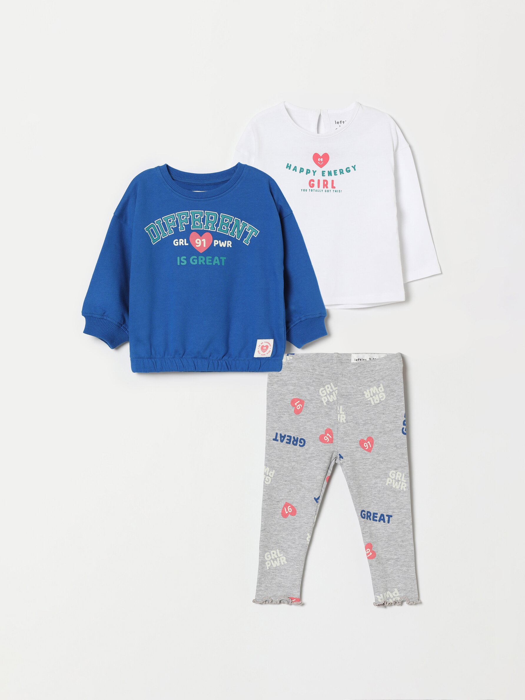 Set de 3 piezas formado por sudadera, legging y camiseta desde los 3 meses hasta los 4 años
