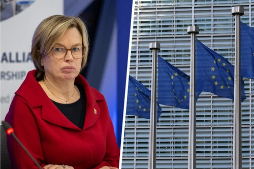 Composición con foto de Catherine De Bolle e imagen de varias banderas de la Unión Europea