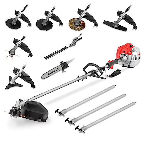 GREENCUT GM650X-9 - Desbrozadora Multifunción 9 en 1, Motor Gasolina 65cc 4,9cv 2 Tiempos, 9 Accesorios Intercambiables, Función Desbrozadora, Podadora y Cortasetos para Jardín