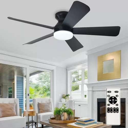 Depuley Ventilador de techo moderno con luz: Ventiladores pequeños negros de 42 pulgadas para dormitorio - Ventiladores de techo empotrables regulables con mando a distancia 5 aspas negras invertidas