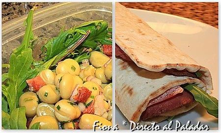 Comida para llevar. Ensalada de habas con jamón y rollo de rosbif