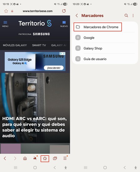 Marcadores de Chrome a Internet Samsung