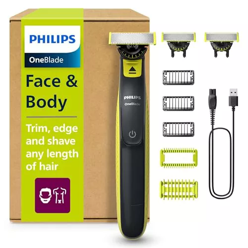 Philips OneBlade 360 Auténtico Barbero, afeitadora y recortadora eléctrica facial y corporal, 3x 360 cuchillas, 3x peine para barba incipiente (1,3,5mm), 1x kit corporal, QP2824/31