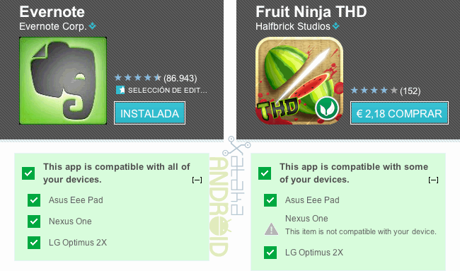 Android Market con información de compatibilidad