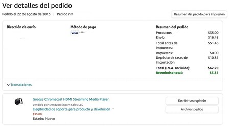 Recibo Amazon Google Chromecast