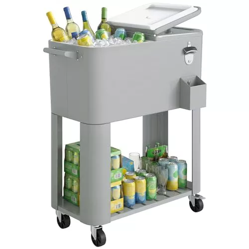 Outsunny Carrito Nevera de 76L con Ruedas, Carro de Bebidas con Estante, Abrebotellas, Recogetapas, Drenaje y 2 Asas, Mesa Nevera Jardín Exterior para Patio, Fiesta, BBQ, 92x39x81 cm, Plateado