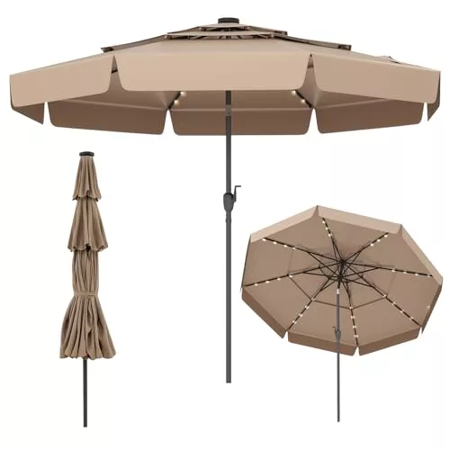 COSTWAY Sombrilla Terraza Exterior 3M, Parasol Jardin Solar con 32 Luces LED, Parte Superior Ventilada de 3 Niveles, Volantes, Ajuste de Inclinación 35°, Manivela, 8 Varillas (Café)
