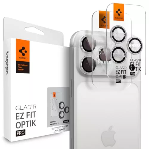 Spigen Glas.tR EZ Fit Optik Pro Protector de Cámara para iPhone 17 Pro, iPhone 17 Pro Max, 2 Unidades, Plata, Protección Individual, Kit de instalación, Dureza 9H, Anti-Arañazos
