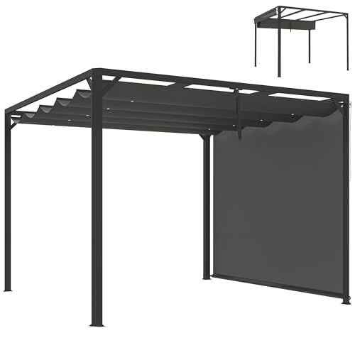Outsunny Pérgola de Jardín 3x3 m con Techo Retráctil, Pared Lateral Enrollable y Estructura de Aluminio, Cenador de Jardín con UPF30+, Pabellón para Exterior, Patio, Terraza, Gris Oscuro