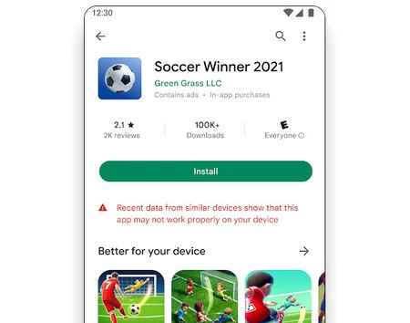 Google Play でアプリが大量にブロックされているという警告の例