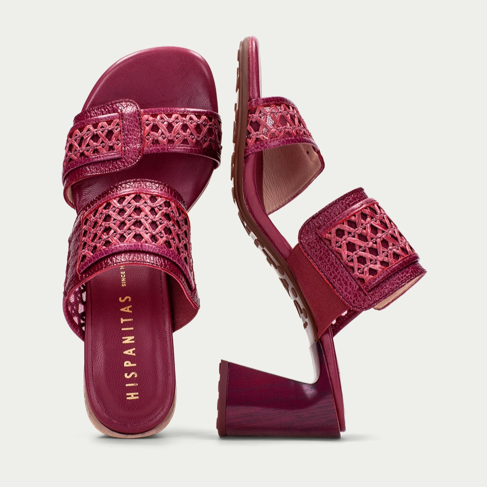Mules con tacón de mujer de rafia con tiras anchas Rosa Hispanitas