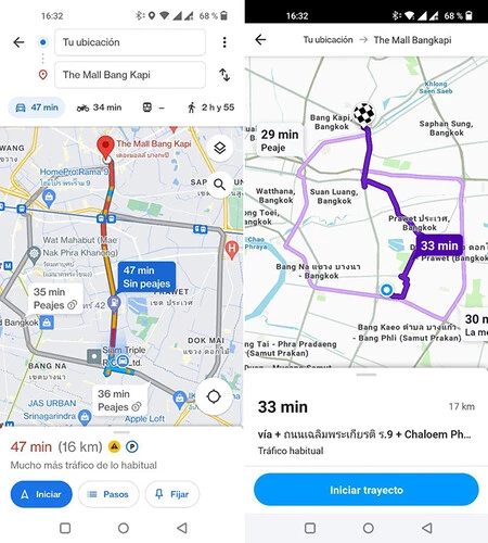 GoogleマップとWazeでも同じルート。 Google マップは、渋滞をすべて乗り越えるよう私たちを誘います。 Waze は、14 分前に到着するために、もっと歩き回ることを提案しています