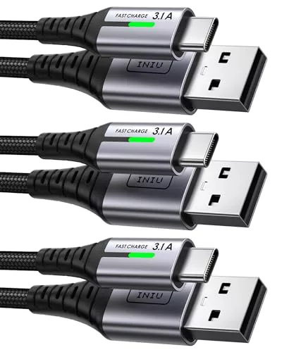 INIU Cable USB C, [3 Pack 3.1A] Cable Trenzado Nilón de Carga Rápida QC3.0 Cable USB Tipo C, (2m+2m+0,5m) Cable Sincronización de Datos para iPhone 16 15 Samsung S20 Plus Note 10 Huawei P30 etc.
