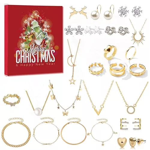 Calendario Adviento Joyas 2025 Calendario Adviento Mujer Niñas 24 Sorpresas Collar Pulsera Pendientes Plata Anillo Oro, Conjunto Joyas Regalos Navidad Originales Mujer Adviento Calendario Joyería