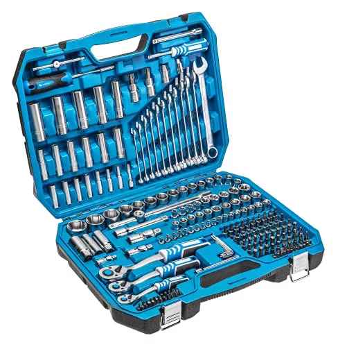 Högert Technik - Caja de Herramientas, Juego de Herramientas, Maletin Herramientas, Llaves de Vaso, Puntas y Accesorios, Acero Cr-V, Mecanismo de Carraca con 72 Dientes - HT1R444, 222 Piezas
