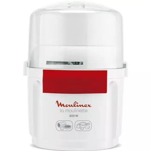 Moulinex Picadora la Moulinette, picadora de 800 W, pica carne, verduras, frutos secos, queso, 200 gr capacidad, pica, corta o mezcla, sistema 1-2-3, cuchilla doble acero inoxidable, blanco, AD5601