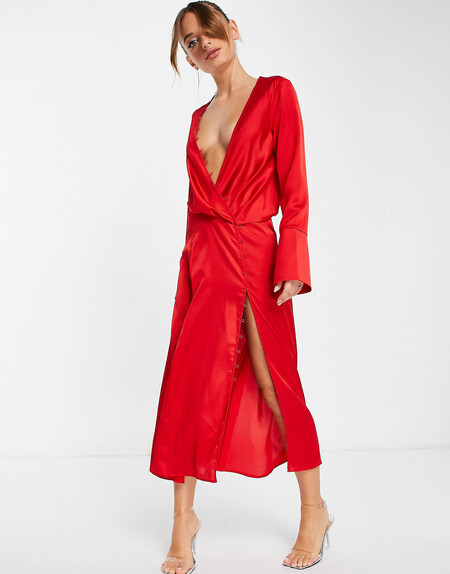 Vestido Midi Rojo Drapeado Con Detalle De Botones De Corte Al Bies De Asos Design
