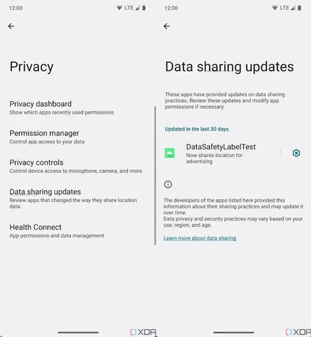 新しいプライバシーセクション。 XDAからの画像