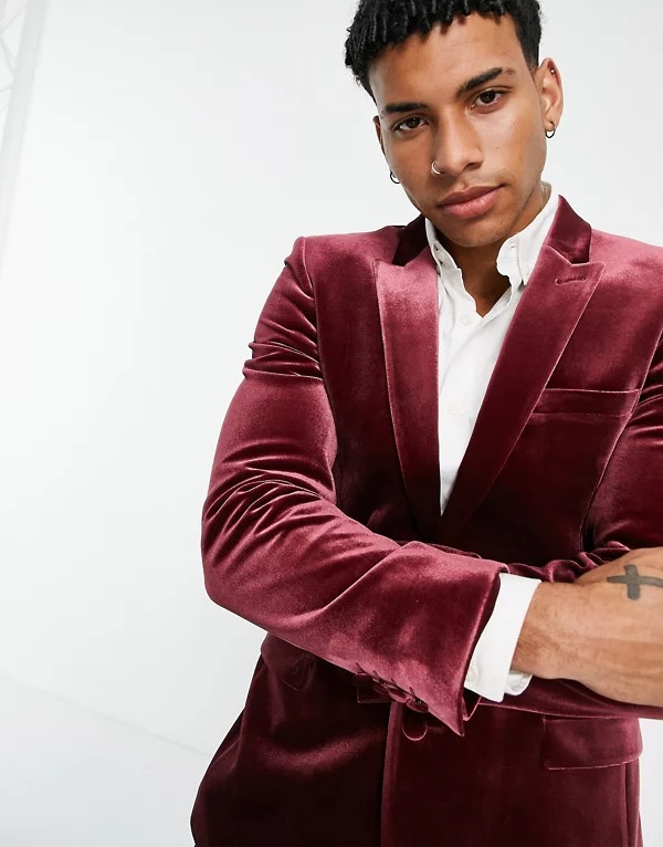 ASOS DESIGN super skinny tuxedo blazer in burgundy velvet