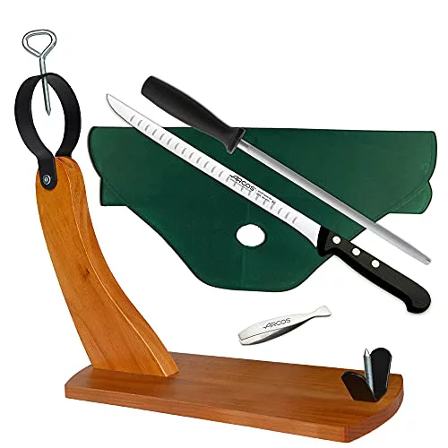 CUPERINOX Jamonero Profesional | soporte de jamon | 5 Piezas | tabla jamonera | soporte jamonero | Kit Jamonero (tabla + cuchillo + afilador + pinza + cubre jamon