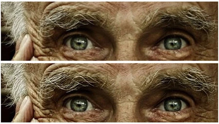 元の画像 (上) と RAISR で拡大した画像 (下)