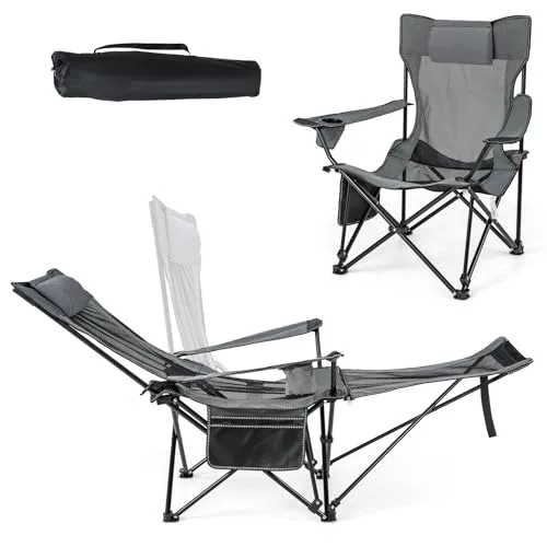COSTWAY Silla Plegable Camping, Silla de Acampada Portátil 2 en 1, Reposapiés Desmontable, Respaldo Ajustable, Portavasos y Reposacabezas, Bolsa De Almacenamiento, Silla Camping Pesca, Picnics (Gris)