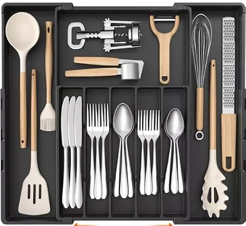 Kinesgsg Bandeja para Menaje Extensible, 35 x 30 x 4cm Organizador Cubiertos, Cubertero Cajon Material Plástico, Organizador de Cubiertos para Cajón Cocina, para Cucharas de Te, Tenedores