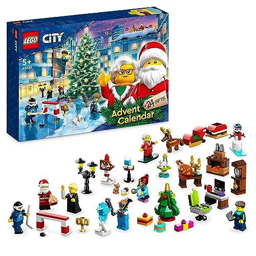 LEGO 60381 City Calendario de Adviento 2023 con 24 Regalos, Inc. Figura de Papá Noel y Renos, y un Tapete de Juego de Pueblo Mágico de Invierno, Regalo de Cuenta Atrás de Navidad para Niños y Niñas
